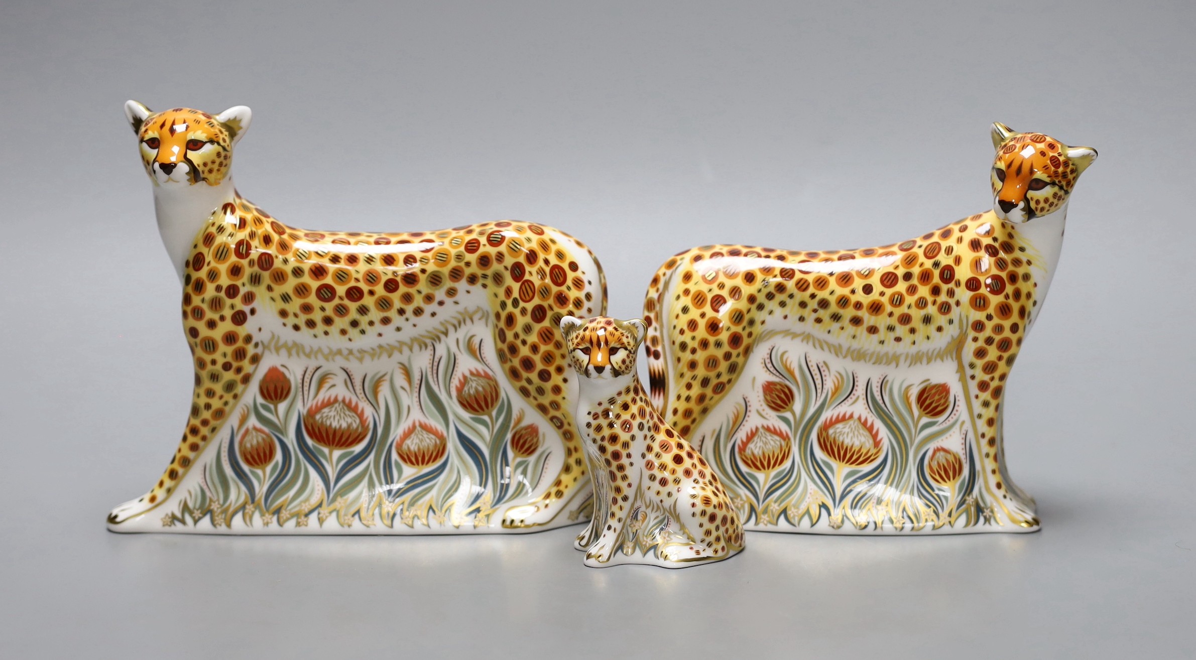 Three Royal Crown Derby paperweights - Cheetah, gold stopper, boxed with certificate, Cheetah Daddy, gold stopper, boxed with certificate and Cheetah Cub, gold stopper, boxed with certificate